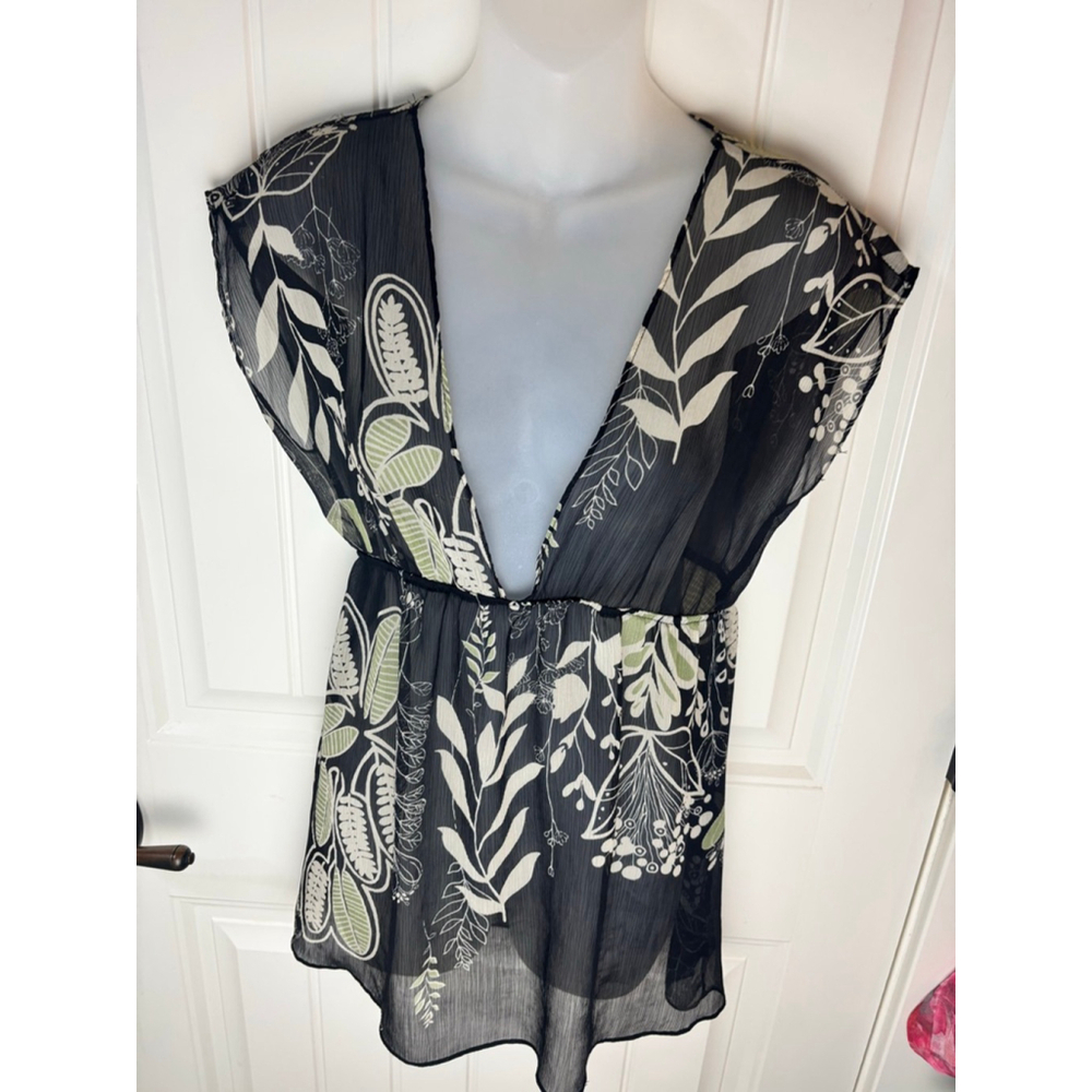 Y2K Vintage Charlotte Russe Black Green Leaf Print Sheer Babydoll Top M
